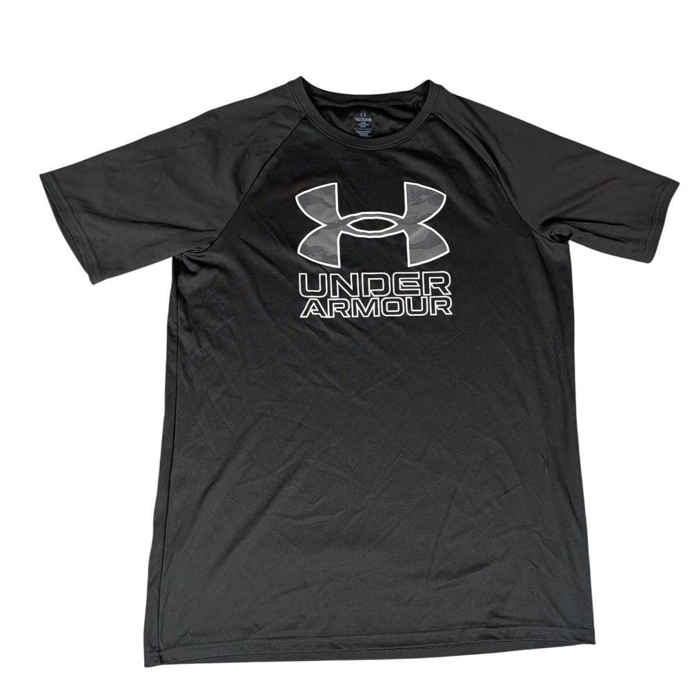 Under Armour T-Shirt Youth XL Black Camo Logo Short Sleeve Loose Fit Excellent